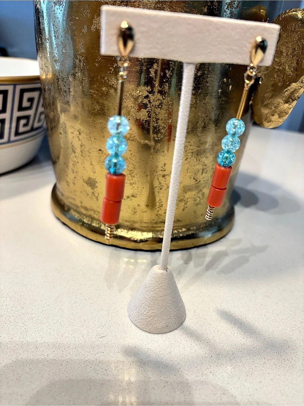 Beaded Dangle Earrings in Blue & Coral
